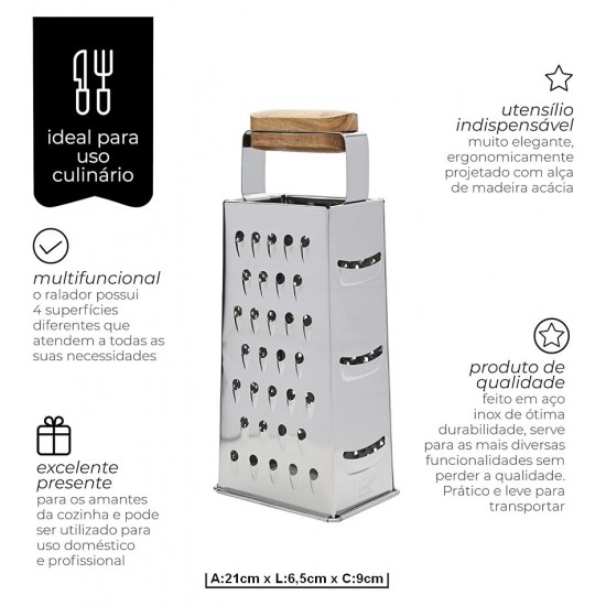 Ralador 4 Faces 21,5cm Quadrado Aço Inox Alça Acácia Mimo Style